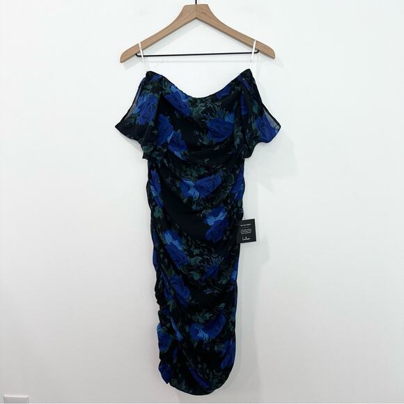 Lulus Blithesome Black Floral Print Ruched Off-the-Shoulder Midi Dress Romantic - Picture 1 of 7